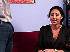 This amateur milf in stockings and heels teases a voyeur wanker in CFNM seduction. He wanks right on her body