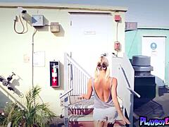 mischievous blonde diva hunter mccloud strips off satin lingerie revealing big natural tits and shaved pussy