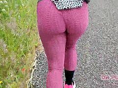 Ebony With Big Ass In Leggings Running Alone In Forest