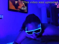 Deepthroat blowjob from submissive stepdaughter in neon room