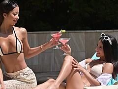 sunbathing babes tempt pool guy