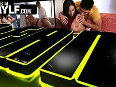 in this fantasy scene, a lucky guy shares the sexy milf with double penetration fucking at a chic restaurant desk for kinky reality couple action