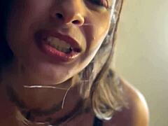 Dominating cuckold as personal ashtray in bold Latina solo fetish with tattoos and natural tits