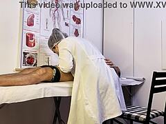Patient gets unexpectedly hard during exam with the nurse, leading to intriguing bareback handjob and deepthroat in hospital setting with Brazilian flair.