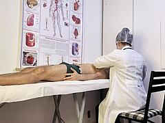 Patient gets unexpectedly hard during exam with the nurse, leading to intriguing bareback handjob and deepthroat in hospital setting with Brazilian flair.