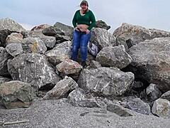 Pissed Outdoors While Smoking Fat Milf Shows Hairy Pussy Sans Panties Under Short Skirt Loving Public Fetish On River Bank