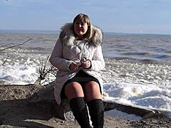 Pissed Outdoors While Smoking Fat Milf Shows Hairy Pussy Sans Panties Under Short Skirt Loving Public Fetish On River Bank