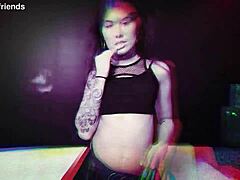 Charlotte mae gets roughly fucked in those fishnets by her tattooed friend, earning that facial in hardcore goth action. Her shaved pussy takes it all.