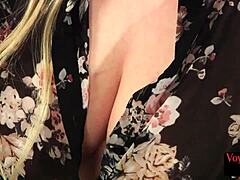 Voyeuristic femdom secretary in stockings and heels teases her wanking sub with dirty talk and instructions