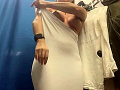 Hidden Camera in Dressing Room Captures Sexy Amateur Girl with Big Tits and Big Nipples Changing Panties Outdoors in Public
