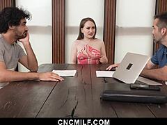 Stepson and husband dominate stepmom in hardcore group sex with big tits