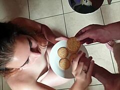 Who knew this petite bitch would suck and jerk my dick so eagerly, then top her snack with fresh cum in that kinky food porn pov session?