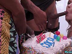 Oh yeah, it's my birthday, and I'm sucking all these huge black cocks deep, Coco Lovelock here getting face fucked and rimming.