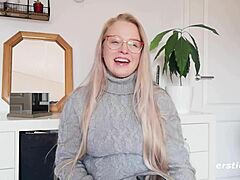 Ersties cute blonde Anna with glasses fingers her wet pussy to squirting orgasm using dildo