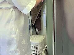 stepmom caught her son in the shower and decided to help him jerk off until he came on her tits