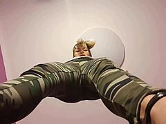 blonde femdom slut puts him on knees for bdsm jerk off session under bill with cum eating finale