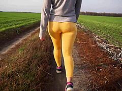 Women Teasing in Tight Yoga Pants While Walking Outdoors