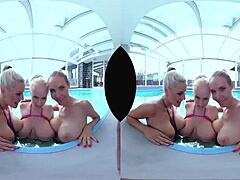 Big tits blonde gets anal in pool foursome with pussy licking and ass action.