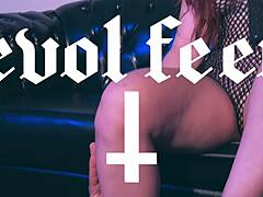 Redhead latina goddess in heels dominates with deepthroat gagging and feet licking on natural big tits.