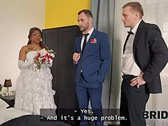 Bride in stockings and heels enjoys hardcore interracial fucking on wedding day