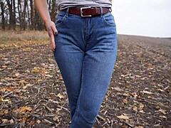 Milf Teases Big Cameltoe in Tight Blue Jeans Outdoors