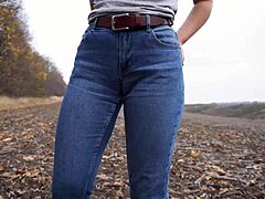 Milf Teases Big Cameltoe in Tight Blue Jeans Outdoors