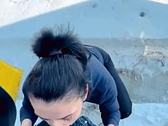 Fantastic cock suck in cold with hot cum on tongue