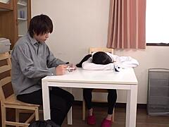 Japanese Step Sister and Brother Explore First-Time Intimacy in Bedroom with Natural Tits