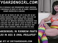 dirtygardengirl teases in rainbow pants before huge dildo insertion leads to extreme anal prolapse in nature