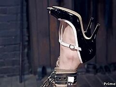 Blonde Slave Bound and Clamped with Pins Suspended for Rough Deepthroat Whipping Pain