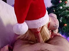 miss santa blonde in costume sucks neighbor's cock blindfolded close-up homemade