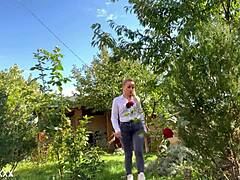 hot blonde ponytail milf outdoor amateur blowjob ends in pretty facial cumshot cum covered