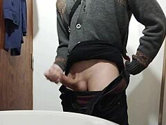 Skinny solo girl strips naked in bathroom for intriguing tease