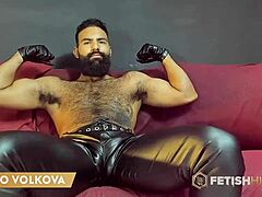 Robust hairy bodybuilder Viggo Volkova freaks with leather gloves armpit vibrator close-up