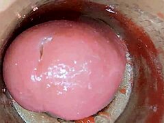 Camera inside oiled tight pussy films huge cock creampie close-up asmr
