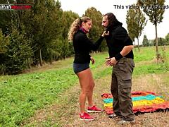 voyeur watches outdoor foot slave lick and facesit in femdom humiliation