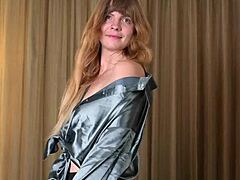 Hazel Ash slips into model's strange yoga pants leggings shiny shirt stiletto boots