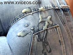 Stepmom's jeans ass takes massive cumshot from two angles