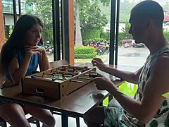 She lost the game so they head outside for a wild cumwalk dripping wet pussy after rough doggystyle pounding