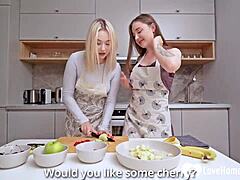 Stepdad rams our tight shaved cunts doggystyle after kitchen cooking session