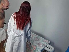 dirty redhead wife massages clients into fucking her shaved pussy creampie blackmail style