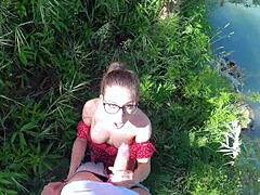 Lost Petite Cutie Sucks Huge Cock in Forest Garden