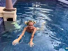 wanna watch this cute pigtail babe ride mark pirson's monster cock poolside?