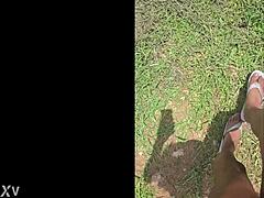 Tall Fetish Goddess Stomps Tiny Things Outdoors