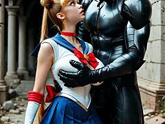 sailor moon beats the bad guys in epic cartoon battle, no ai or live action