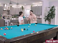 stepbro bends stepsis over pool table after game loss
