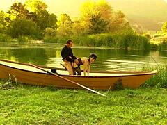 a beautiful girl with small tits rode a strong man hard on the boat