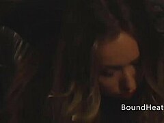 Busty Lesbian Slave Licks Mistress Muff in Garage Bondage