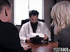 cunning doctor titty fucks big tits milf while husband watches helplessly