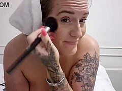 horny milf slut preps makeup topless flashing big tits and shaved pussy